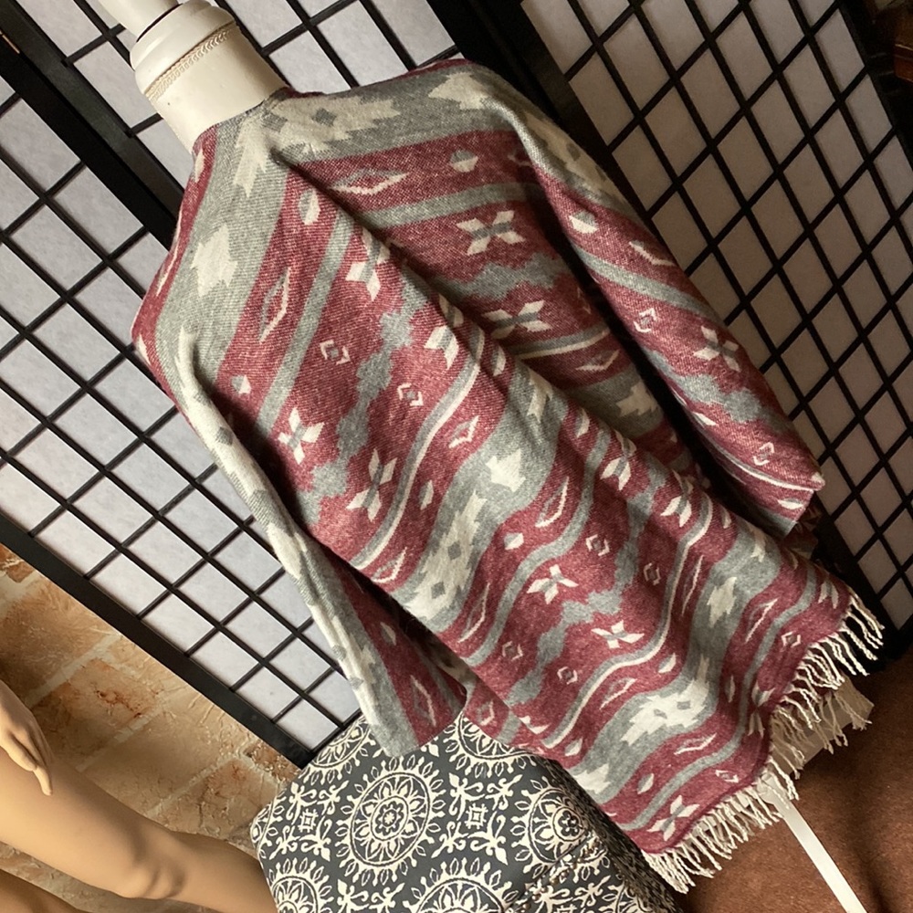 Opened In The Front Aztec Pattern Pancho Shawl - image 3
